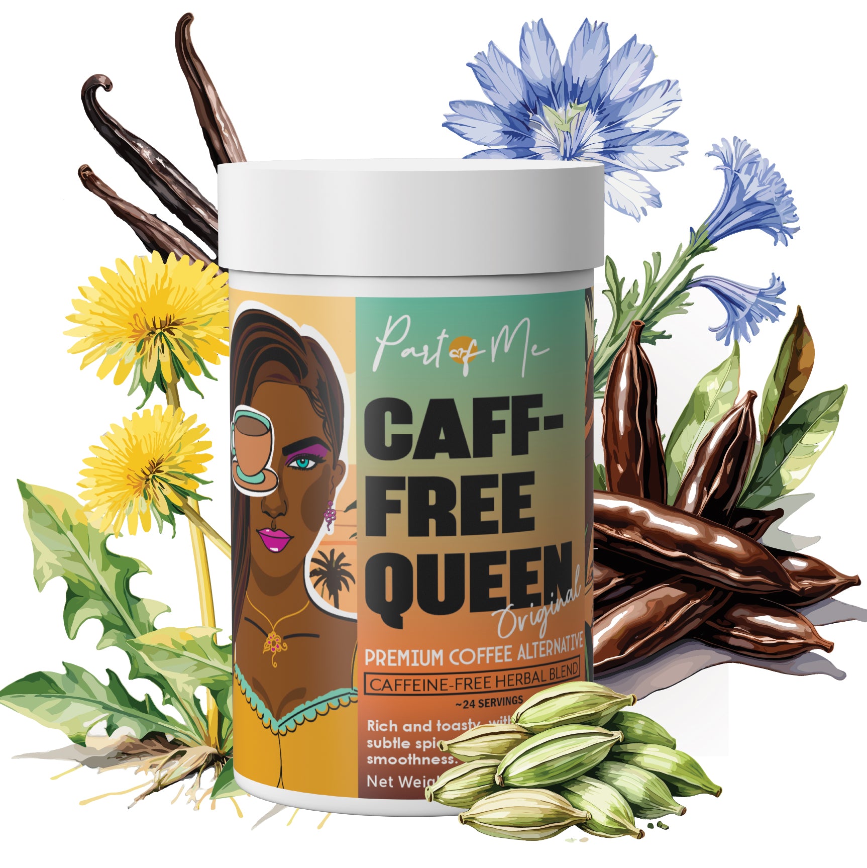 Caff-Free Queen coffee alternative container with vanilla beans, flowers, and herbs on a white background